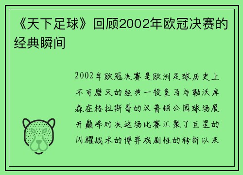 《天下足球》回顾2002年欧冠决赛的经典瞬间