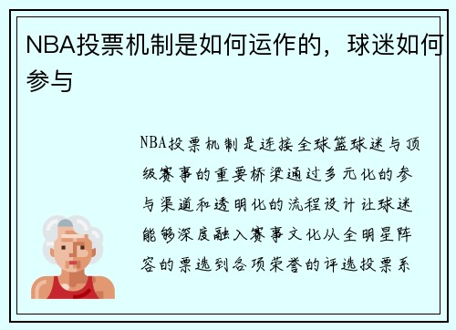 NBA投票机制是如何运作的，球迷如何参与